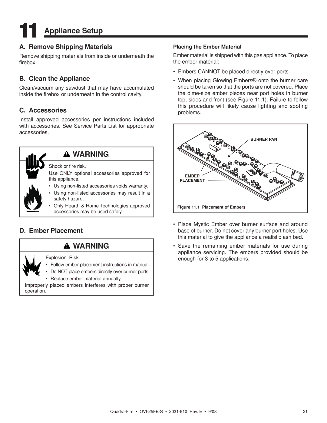 Hearth and Home Technologies QVI-25FB-S Appliance Setup, Remove Shipping Materials, Clean the Appliance, Accessories 