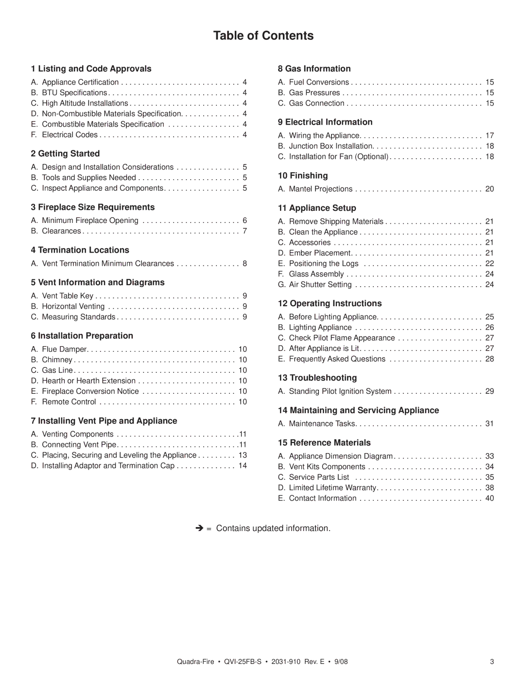 Hearth and Home Technologies QVI-25FB-S owner manual Table of Contents 