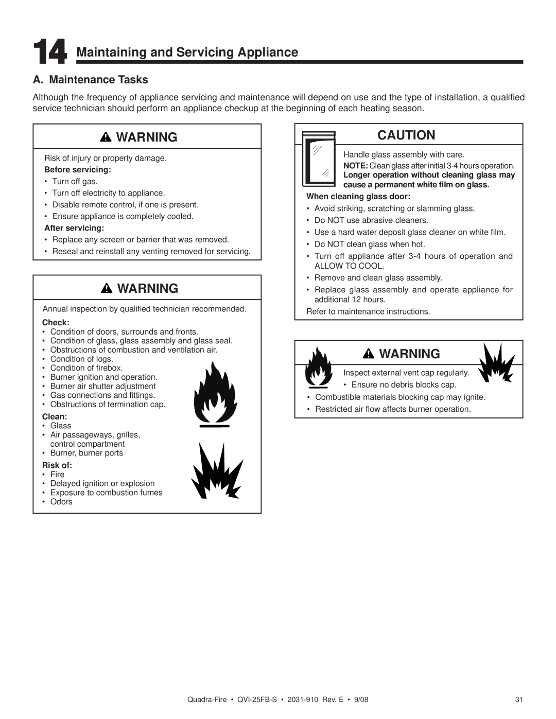 Hearth and Home Technologies QVI-25FB-S owner manual Maintaining and Servicing Appliance, Maintenance Tasks 