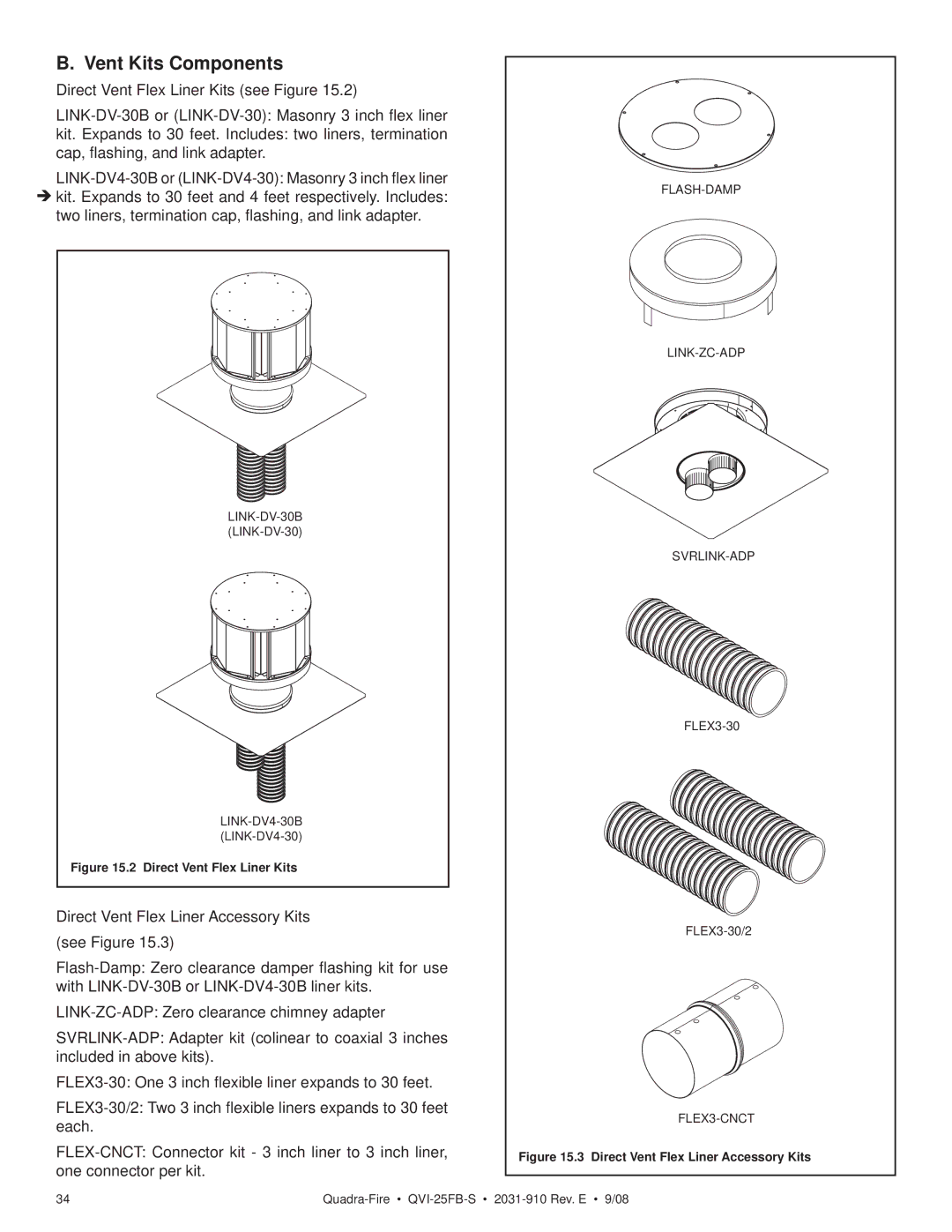 Hearth and Home Technologies QVI-25FB-S owner manual Vent Kits Components, Direct Vent Flex Liner Kits 