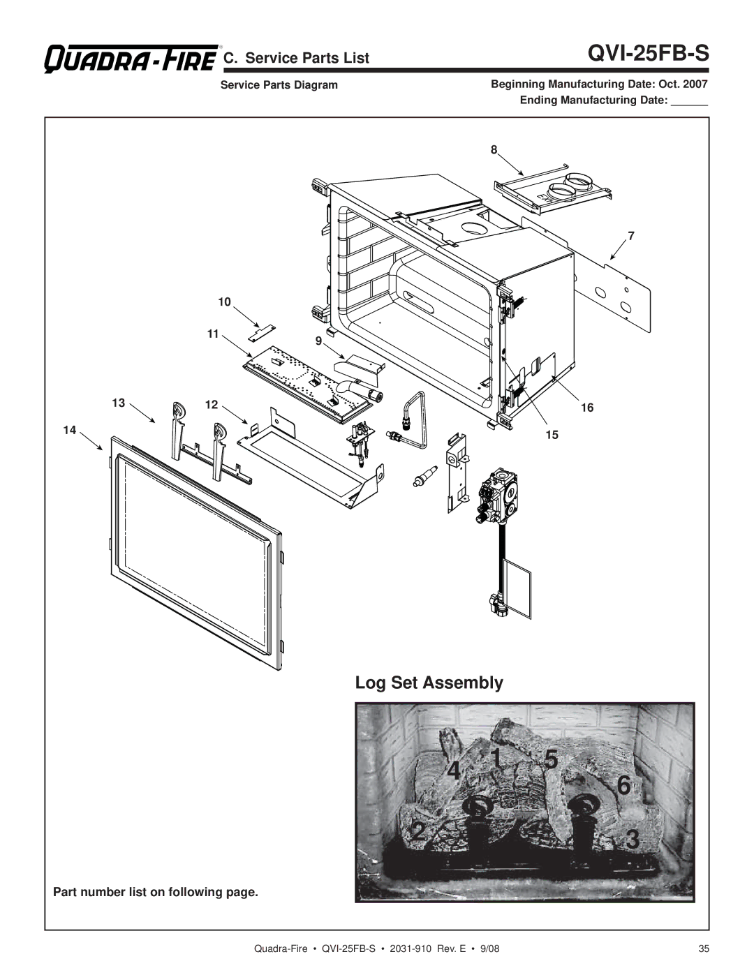 Hearth and Home Technologies QVI-25FB-S Log Set Assembly, Service Parts List, 119 1312, Part number list on following 