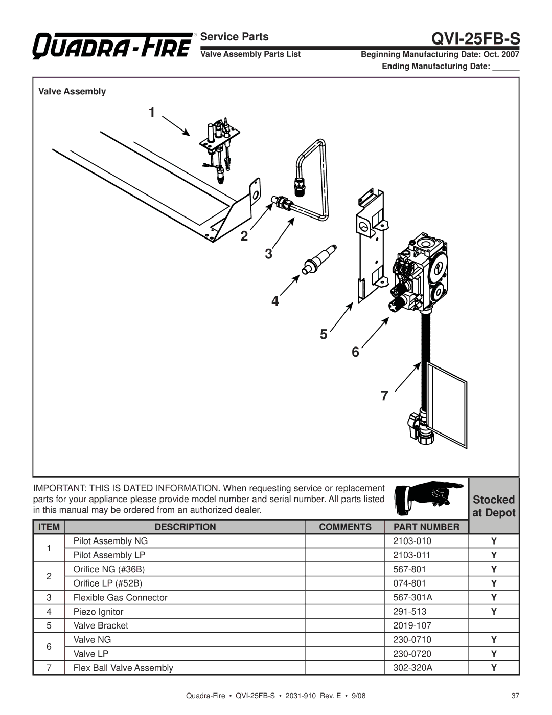 Hearth and Home Technologies QVI-25FB-S owner manual Valve Assembly 