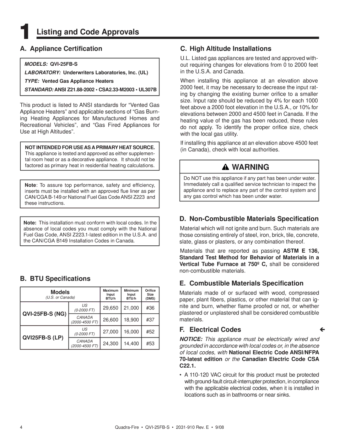 Hearth and Home Technologies QVI-25FB-S owner manual Listing and Code Approvals 