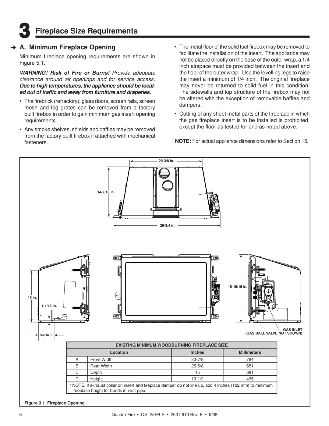 Hearth and Home Technologies QVI-25FB-S owner manual Fireplace Size Requirements, Minimum Fireplace Opening 