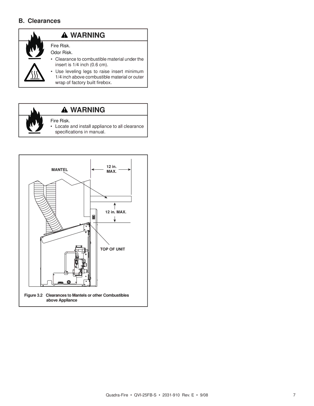 Hearth and Home Technologies QVI-25FB-S owner manual Clearances to Mantels or other Combustibles above Appliance 