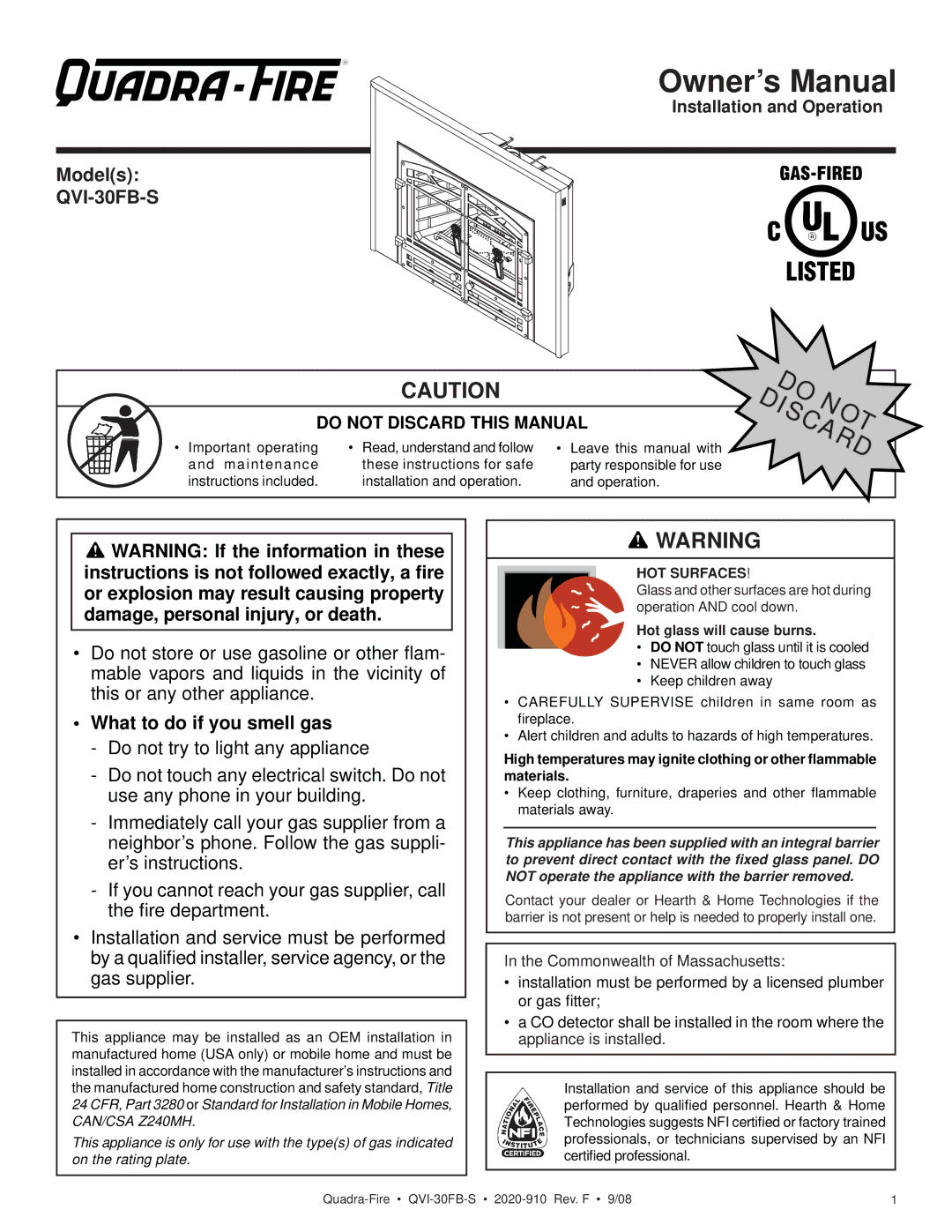 Hearth and Home Technologies QVI-30FB-S owner manual Models, Commonwealth of Massachusetts 