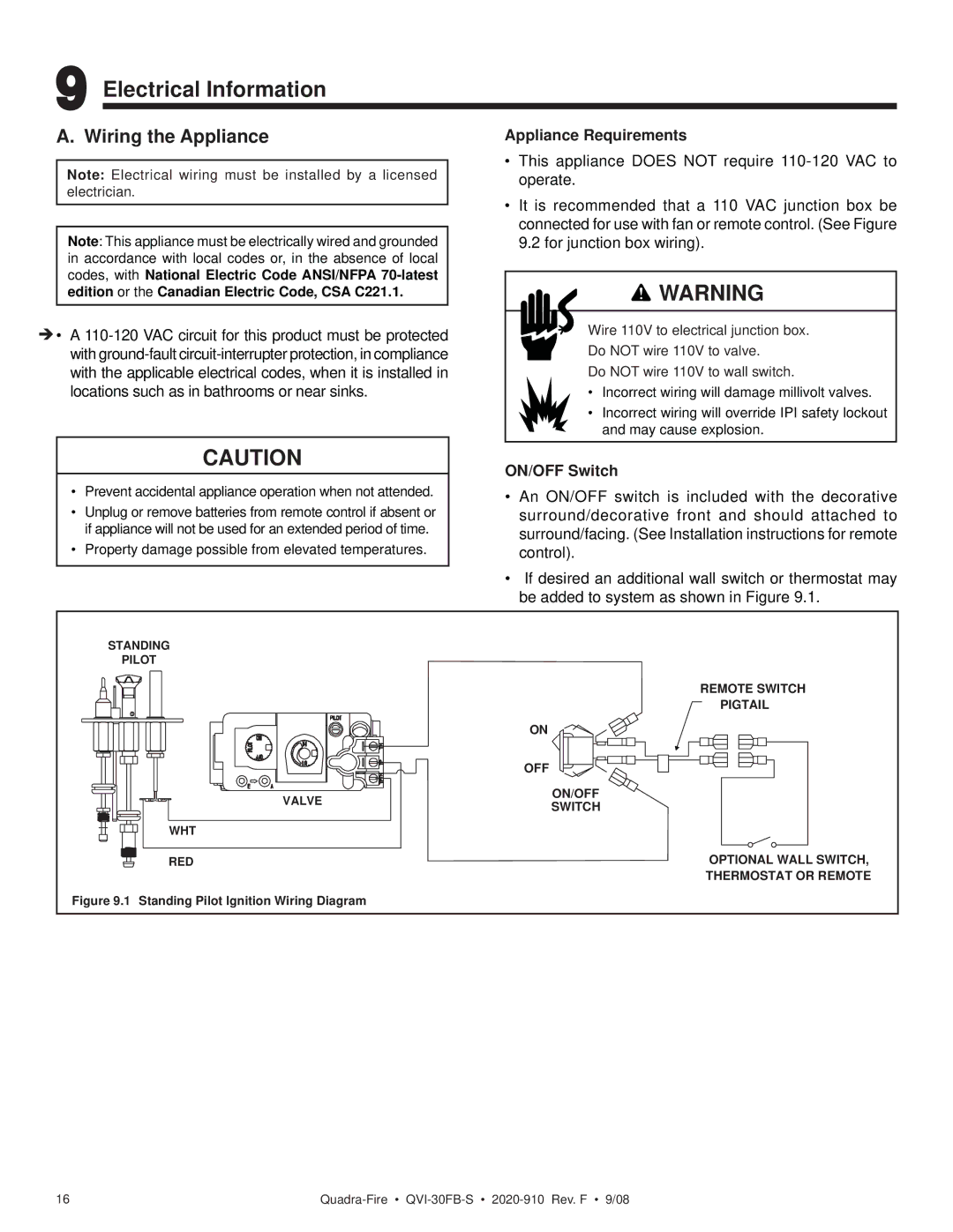 Hearth and Home Technologies QVI-30FB-S owner manual Electrical Information, Wiring the Appliance, Appliance Requirements 