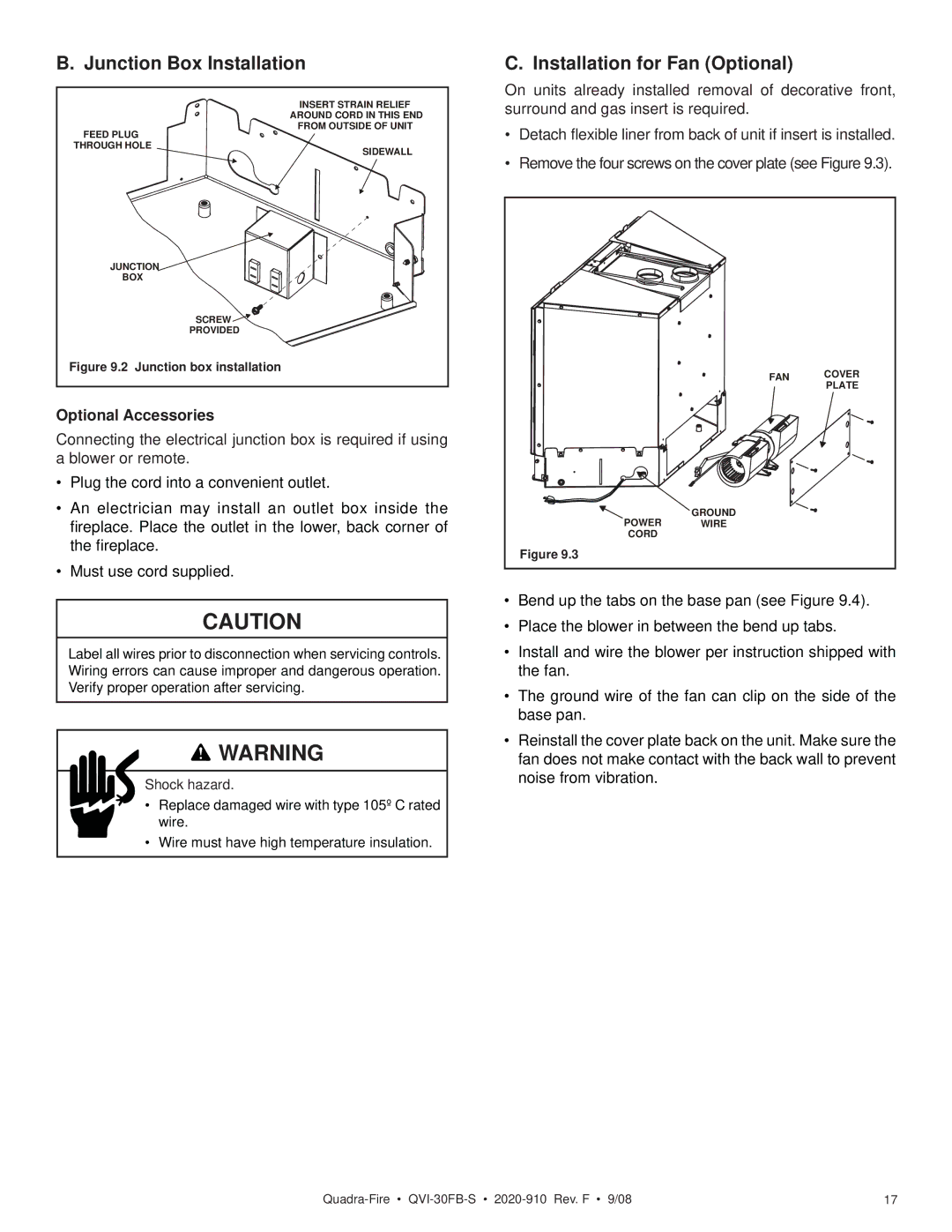 Hearth and Home Technologies QVI-30FB-S Junction Box Installation, Installation for Fan Optional, Optional Accessories 