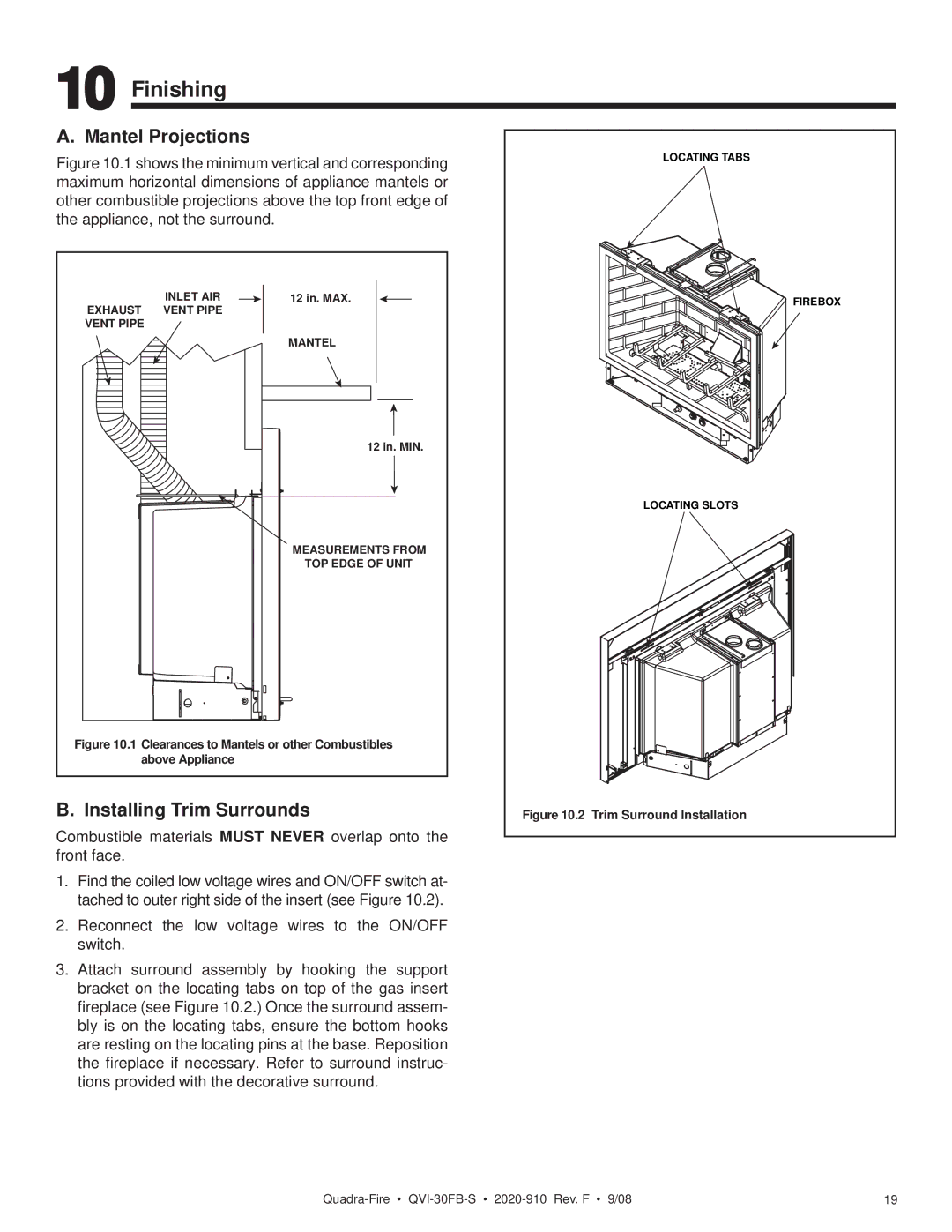 Hearth and Home Technologies QVI-30FB-S owner manual Finishing, Mantel Projections, Installing Trim Surrounds 