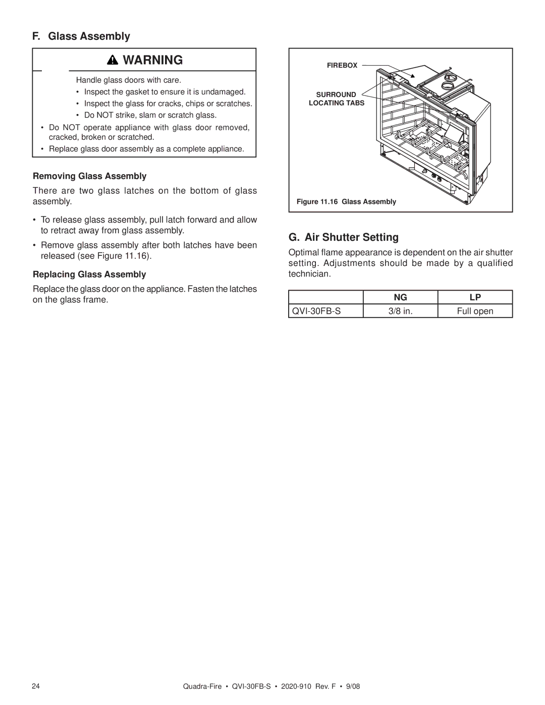 Hearth and Home Technologies QVI-30FB-S Air Shutter Setting, Removing Glass Assembly, Replacing Glass Assembly 