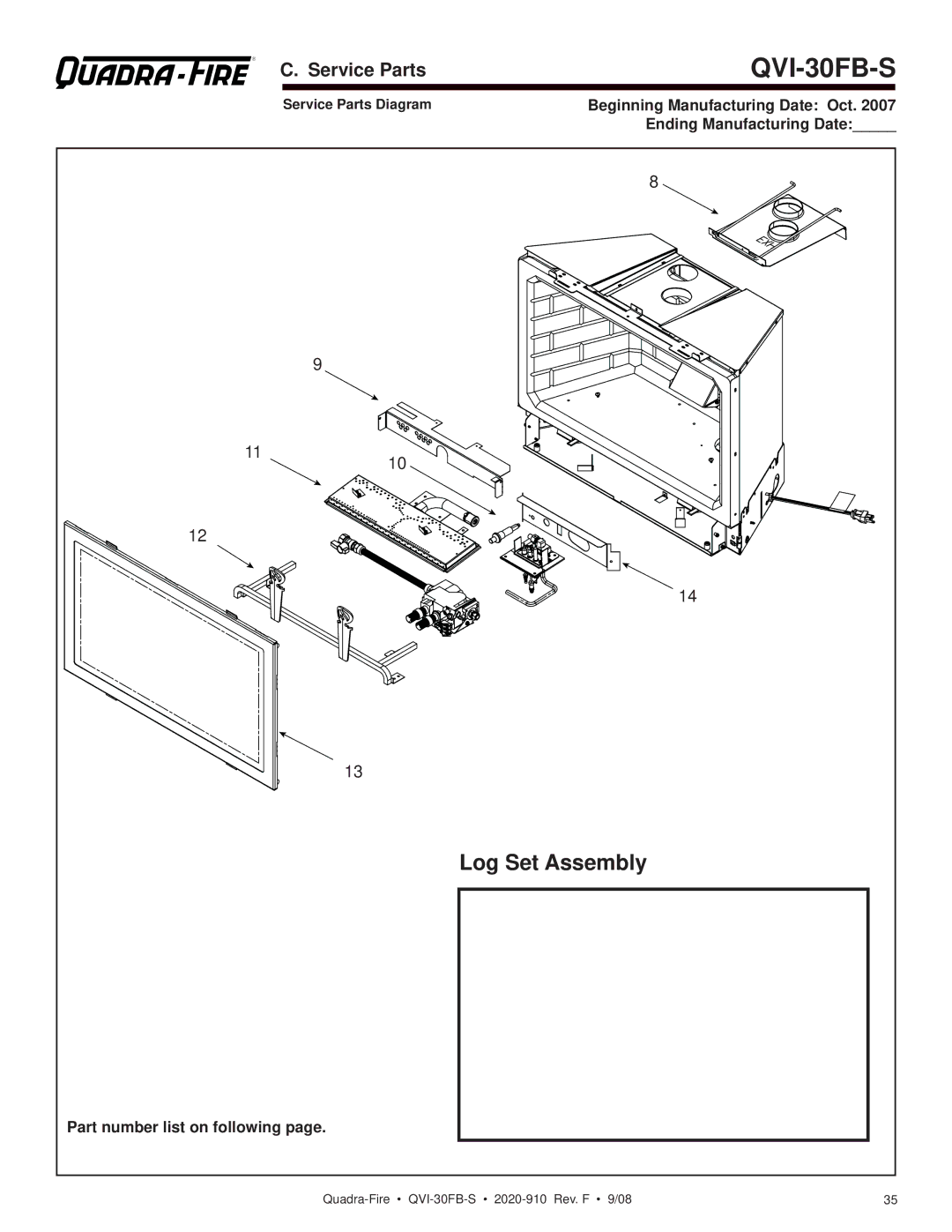 Hearth and Home Technologies QVI-30FB-S owner manual Log Set Assembly, Service Parts, Beginning Manufacturing Date Oct 