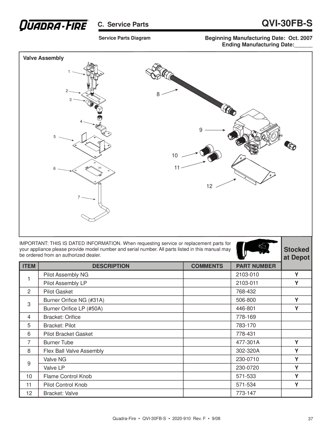 Hearth and Home Technologies QVI-30FB-S owner manual Valve Assembly, Be ordered from an authorized dealer 