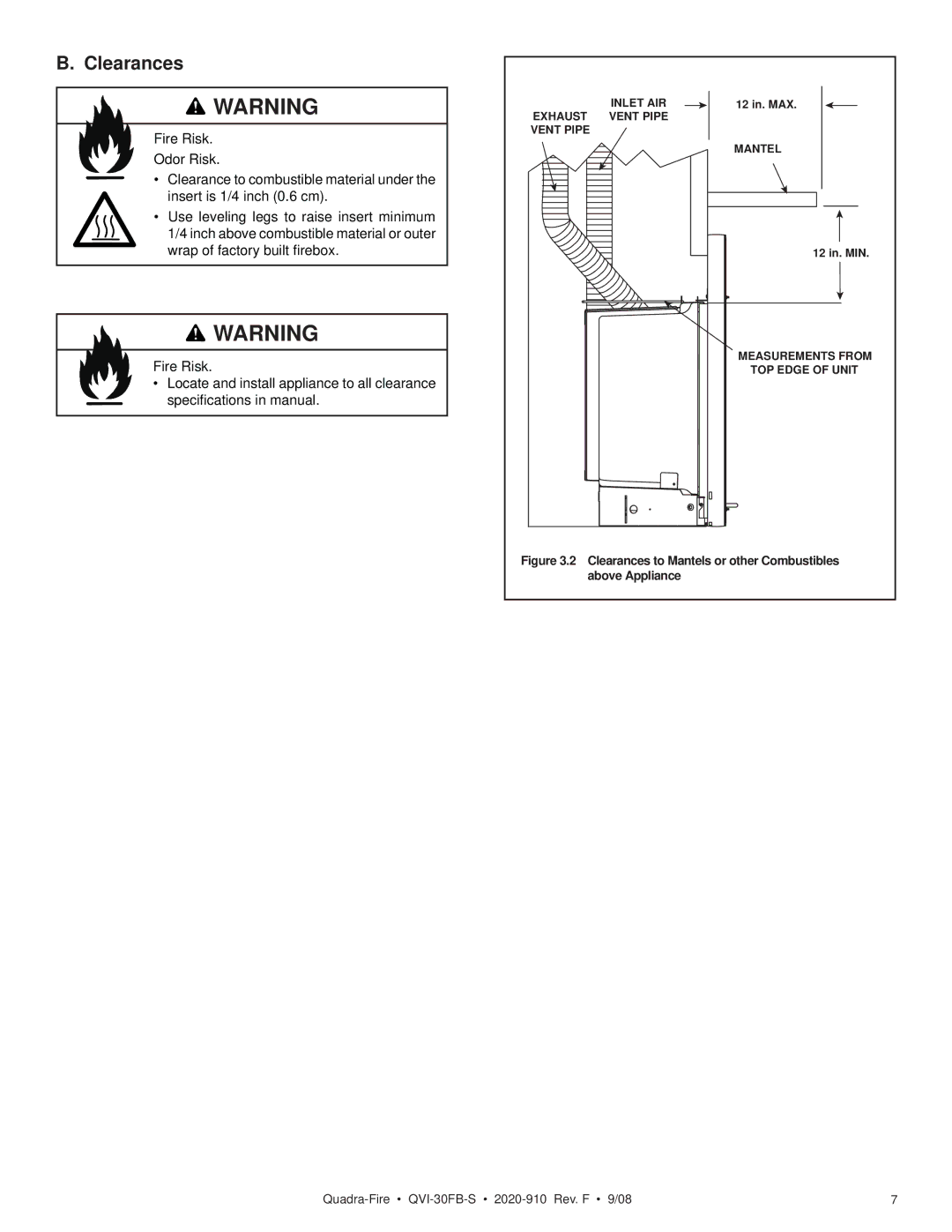 Hearth and Home Technologies QVI-30FB-S owner manual Clearances to Mantels or other Combustibles above Appliance 