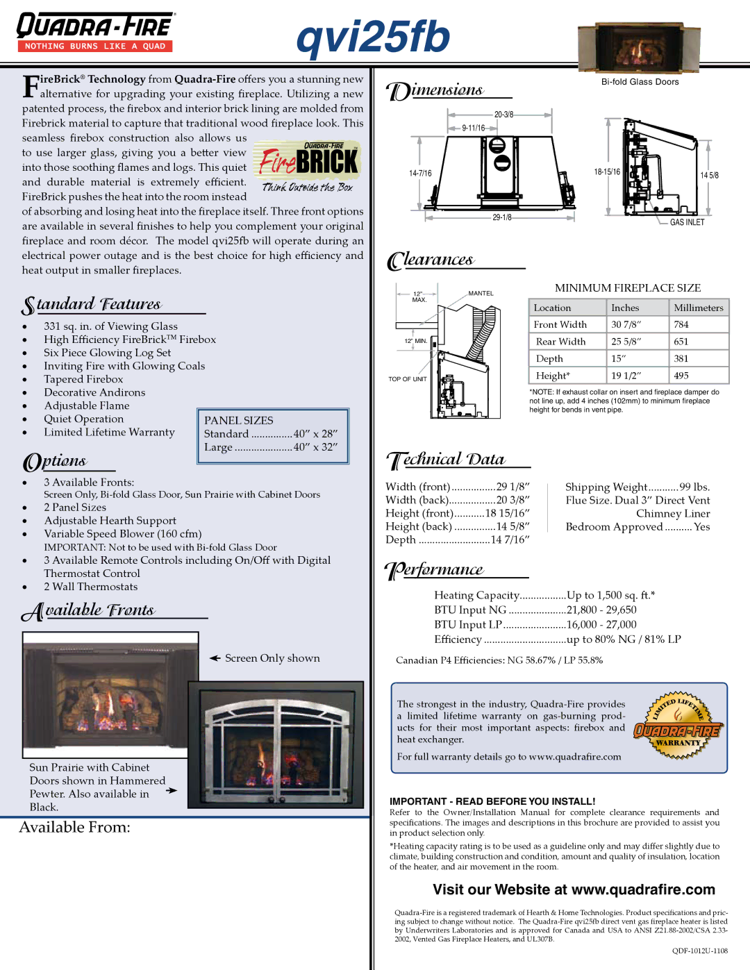 Hearth and Home Technologies qvi25fb Dimensions, Standard Features, Options, Technical Data, Available Fronts, Performance 