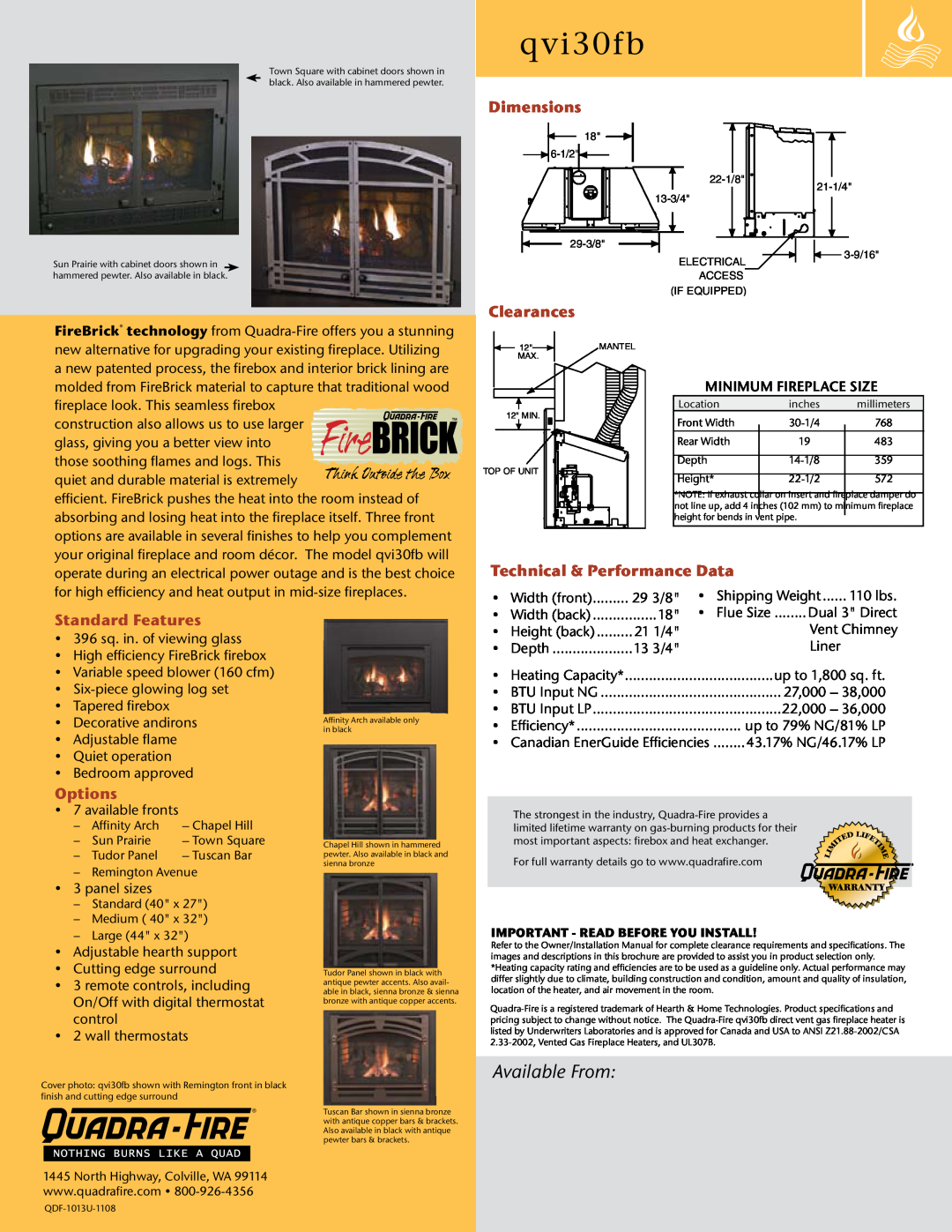 Hearth and Home Technologies Qvi30fb manual qvi30fb, Available From, Dimensions, Clearances, Technical & Performance Data 