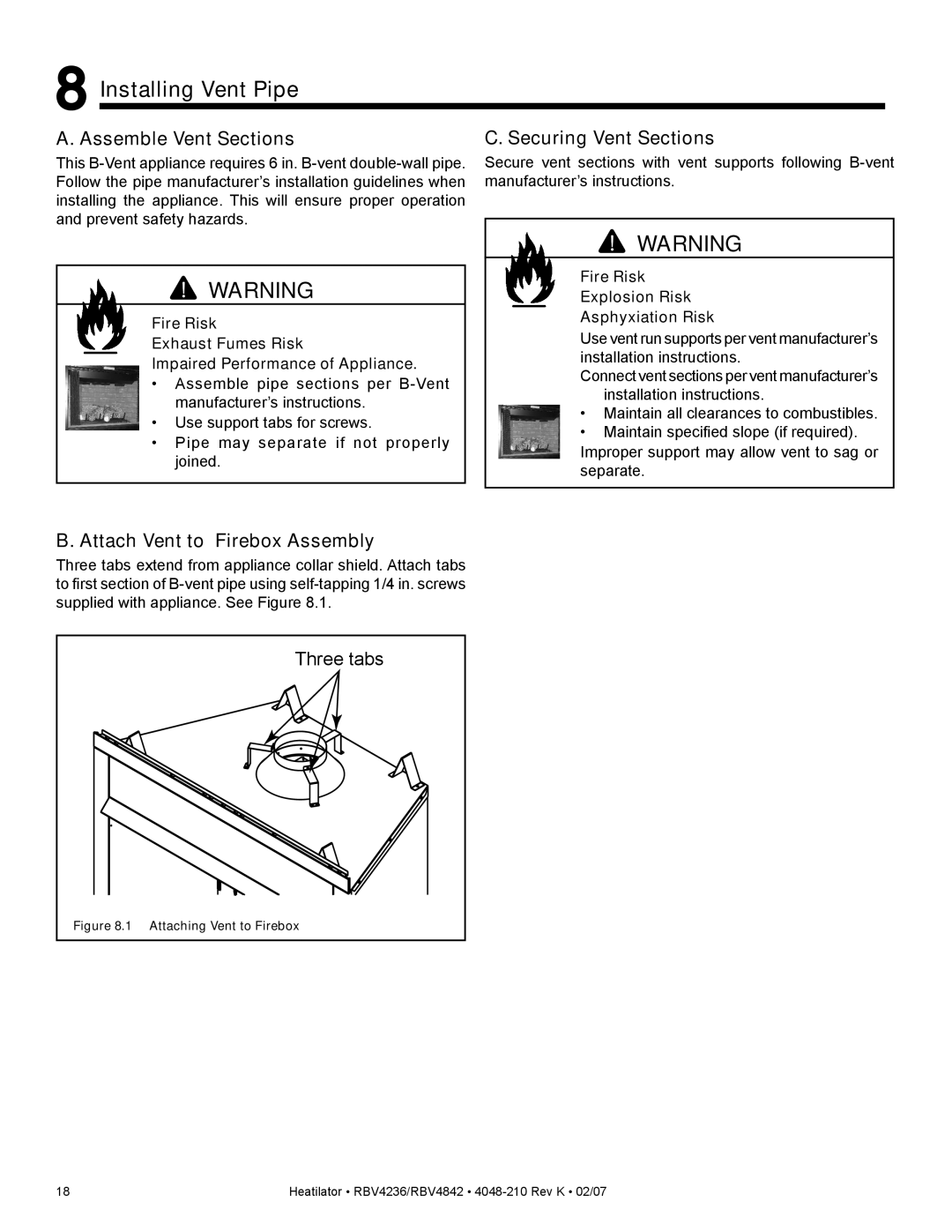 Hearth and Home Technologies RBV4236IT, RBV4842IH Installing Vent Pipe, Assemble Vent Sections, Securing Vent Sections 