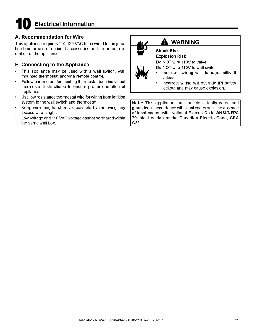 Hearth and Home Technologies RBV4236IH Electrical Information, Recommendation for Wire, Connecting to the Appliance 