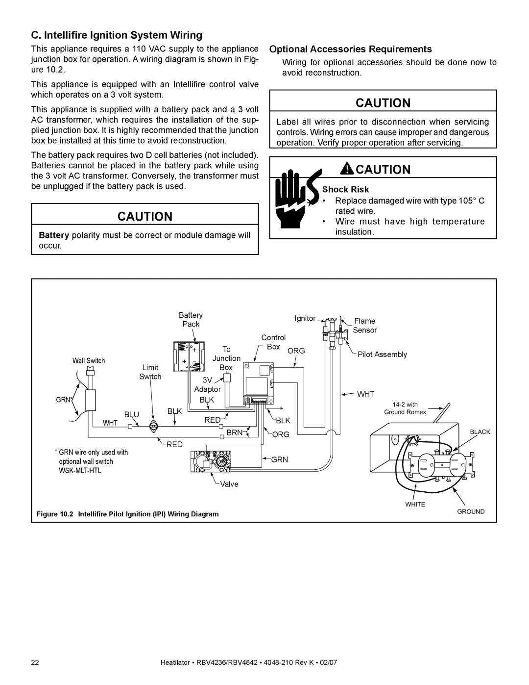 Hearth and Home Technologies RBV4236IT, RBV4842IH, RBV4236IH, RBV4842IT Intelliﬁre Ignition System Wiring, Shock Risk 