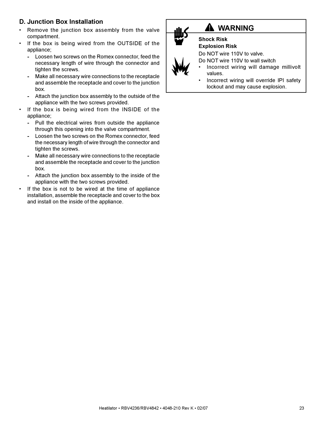 Hearth and Home Technologies RBV4842IT, RBV4842IH, RBV4236IH, RBV4236IT owner manual Junction Box Installation 