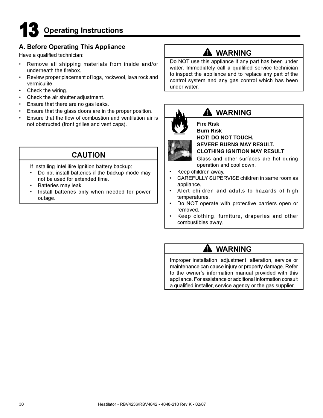 Hearth and Home Technologies RBV4236IT Operating Instructions, Before Operating This Appliance, Fire Risk Burn Risk 