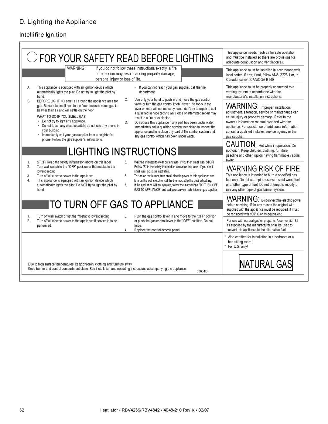 Hearth and Home Technologies RBV4842IH, RBV4236IH, RBV4236IT For Your Safety Read Before Lighting, Lighting the Appliance 