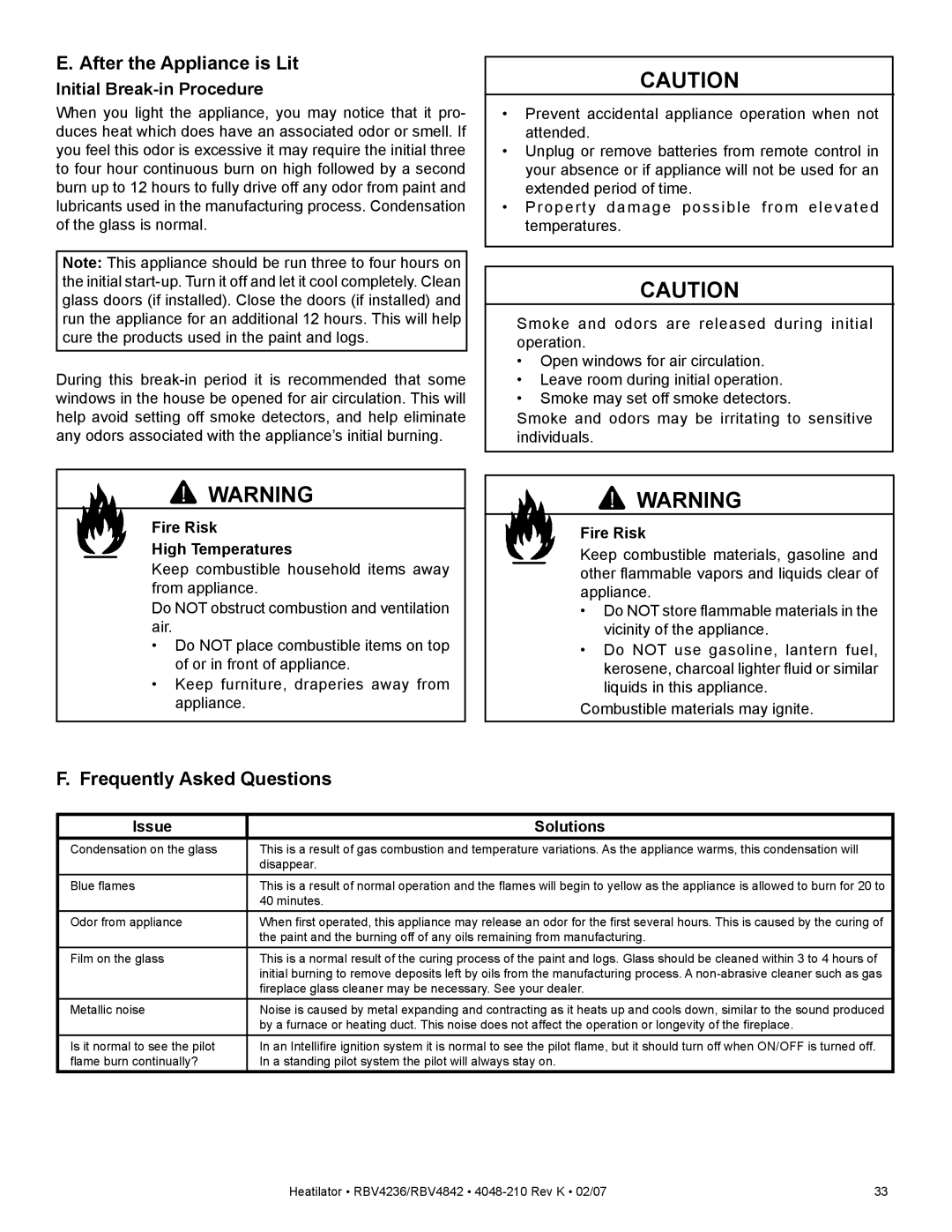 Hearth and Home Technologies RBV4236IH After the Appliance is Lit, Frequently Asked Questions, Fire Risk High Temperatures 