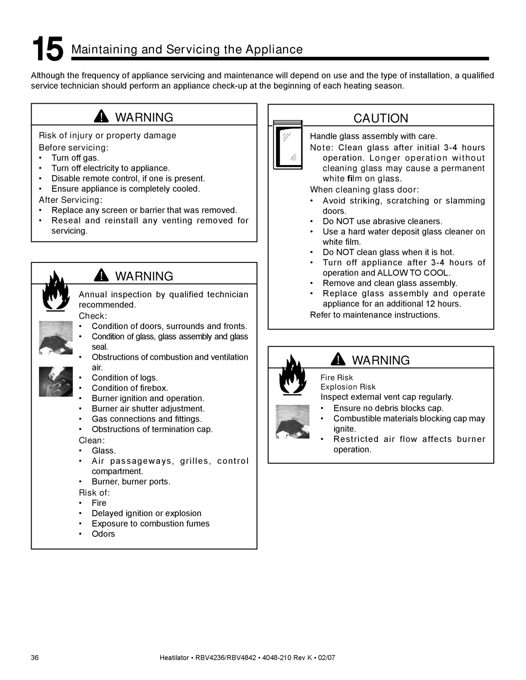 Hearth and Home Technologies RBV4842IH, RBV4236IH, RBV4236IT, RBV4842IT owner manual Maintaining and Servicing the Appliance 