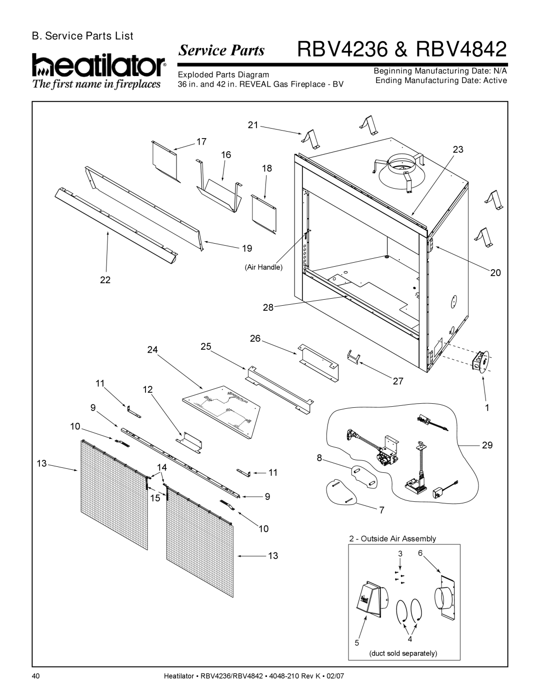 Hearth and Home Technologies RBV4842IH, RBV4236IH, RBV4236IT, RBV4842IT Service Parts RBV4236 & RBV4842, Service Parts List 