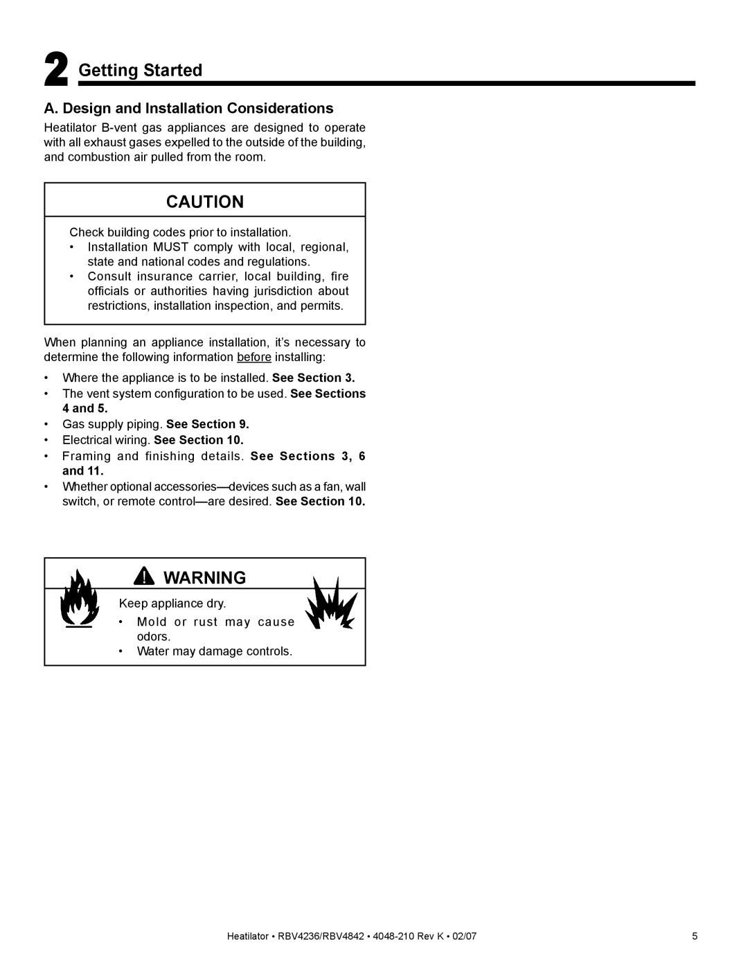 Hearth and Home Technologies RBV4236IH, RBV4842IH, RBV4236IT Getting Started, Design and Installation Considerations 