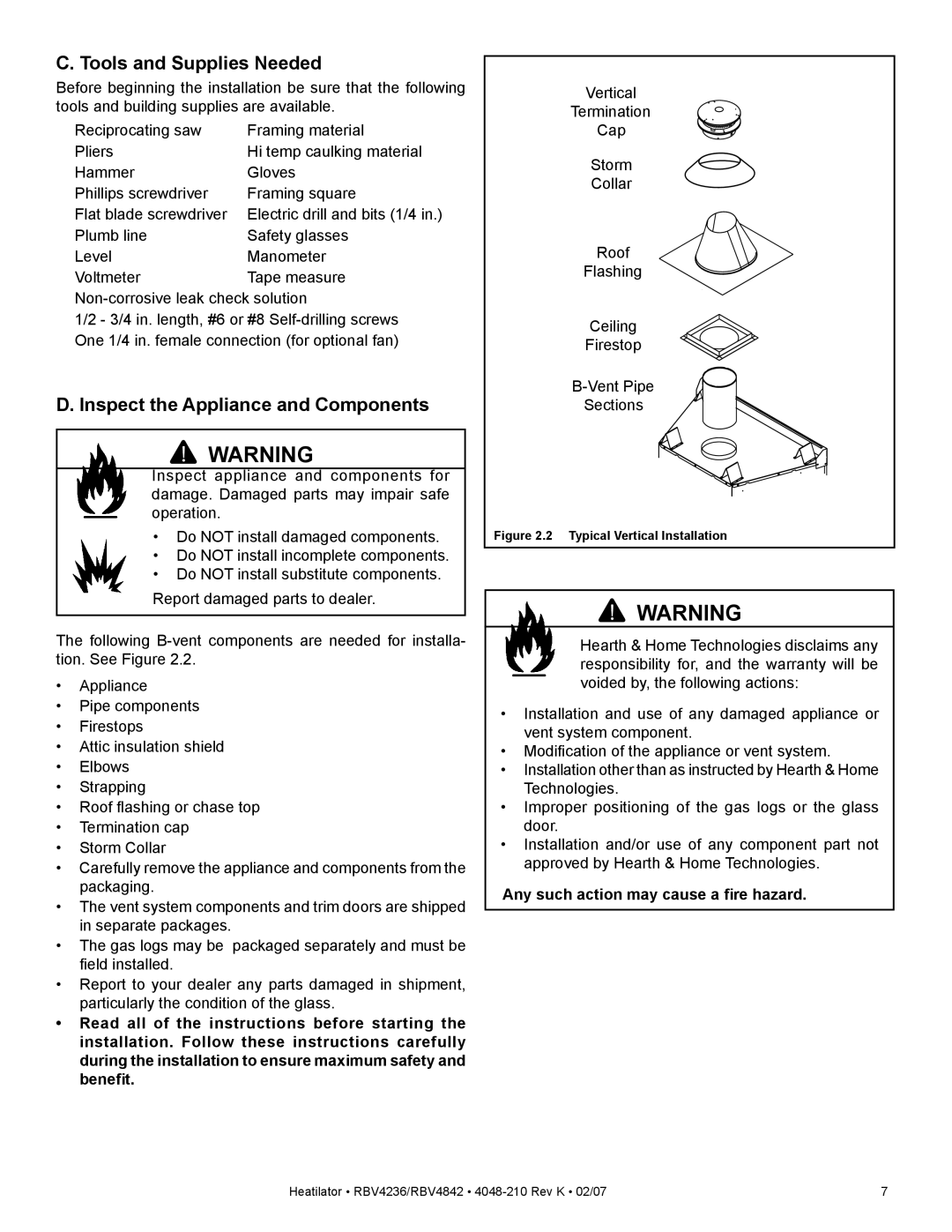 Hearth and Home Technologies RBV4842IT, RBV4842IH Tools and Supplies Needed, Inspect the Appliance and Components 