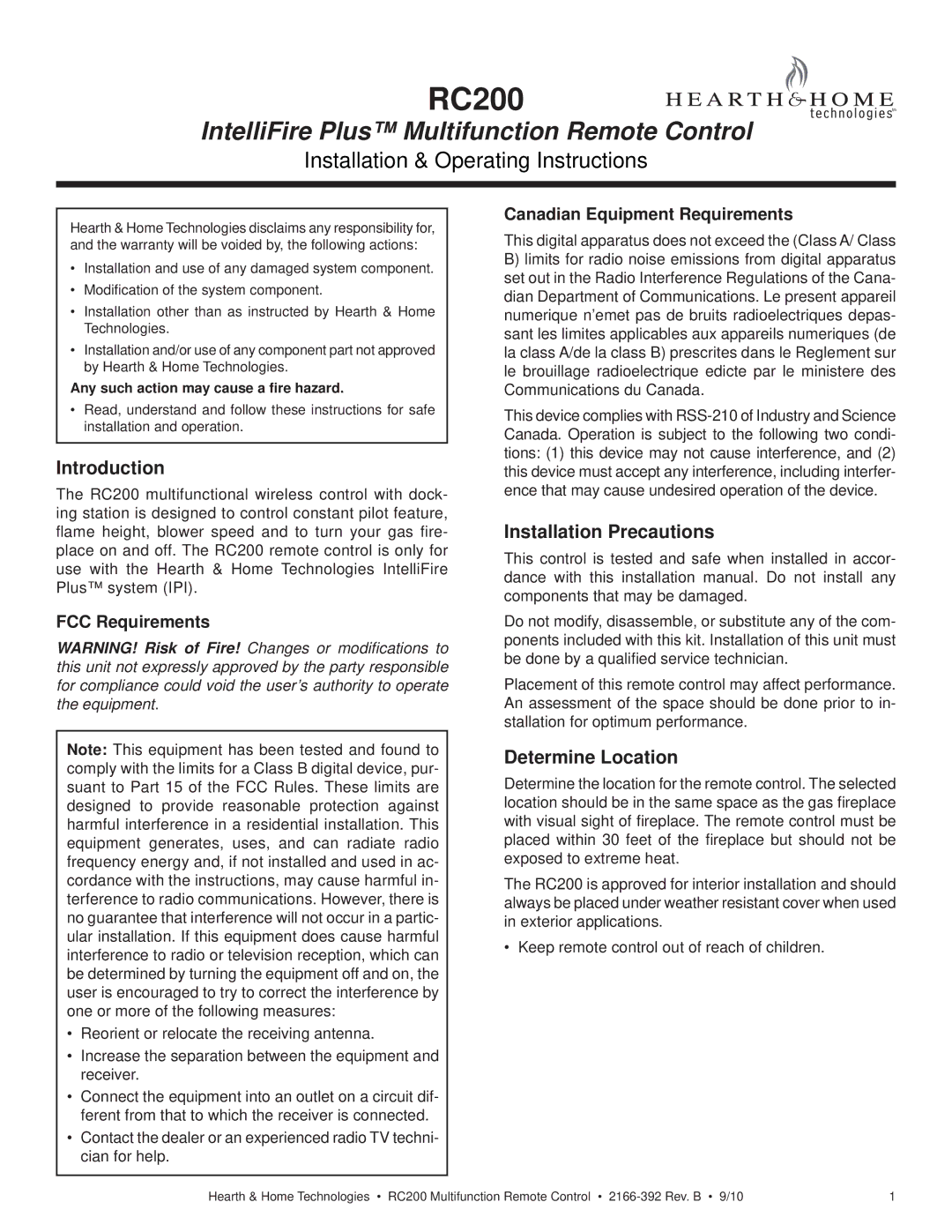 Hearth and Home Technologies RC200 operating instructions Introduction, Installation Precautions, Determine Location 