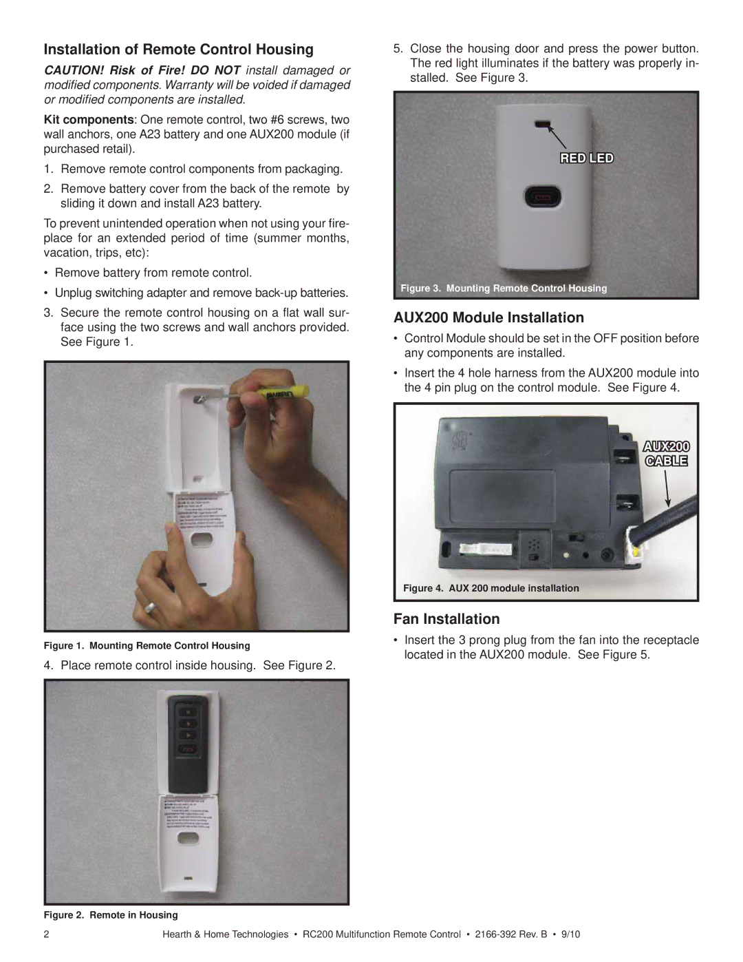 Hearth and Home Technologies RC200 Installation of Remote Control Housing, AUX200 Module Installation, Fan Installation 