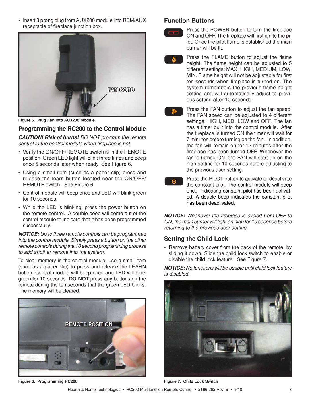 Hearth and Home Technologies Programming the RC200 to the Control Module, Function Buttons, Setting the Child Lock 