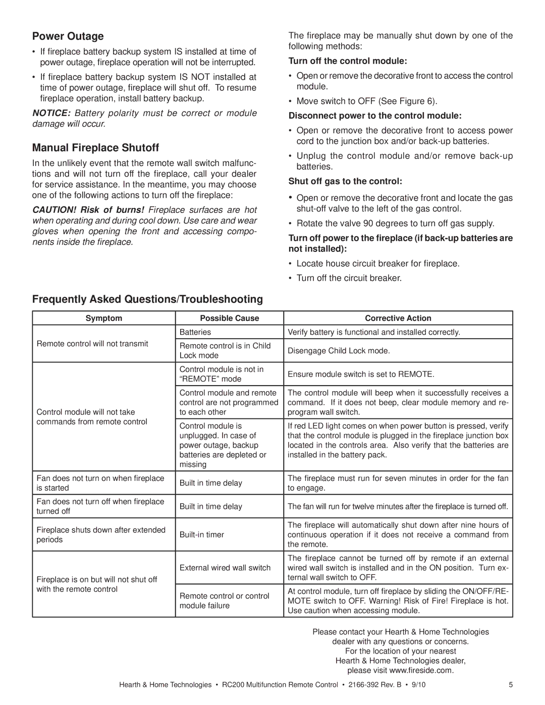 Hearth and Home Technologies RC200 Power Outage, Manual Fireplace Shutoff, Frequently Asked Questions/Troubleshooting 