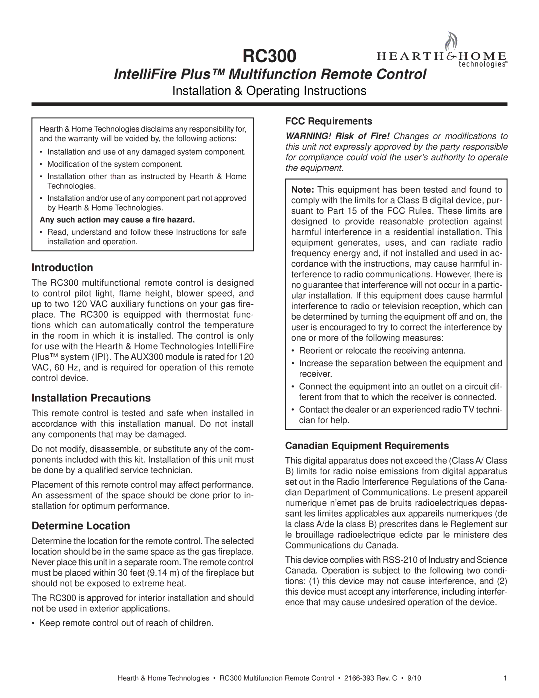 Hearth and Home Technologies RC300 operating instructions Introduction, Installation Precautions, Determine Location 