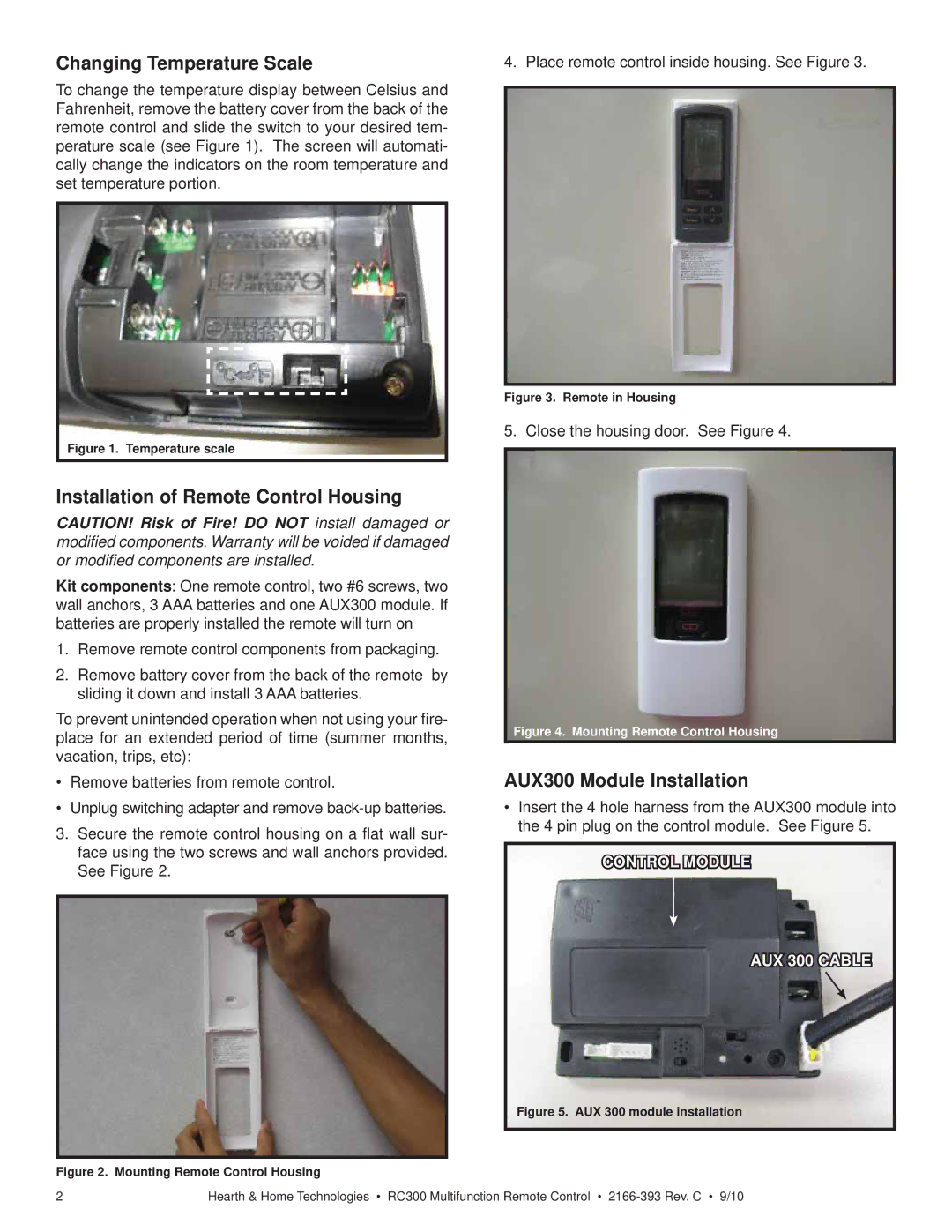 Hearth and Home Technologies RC300 Changing Temperature Scale, Installation of Remote Control Housing 