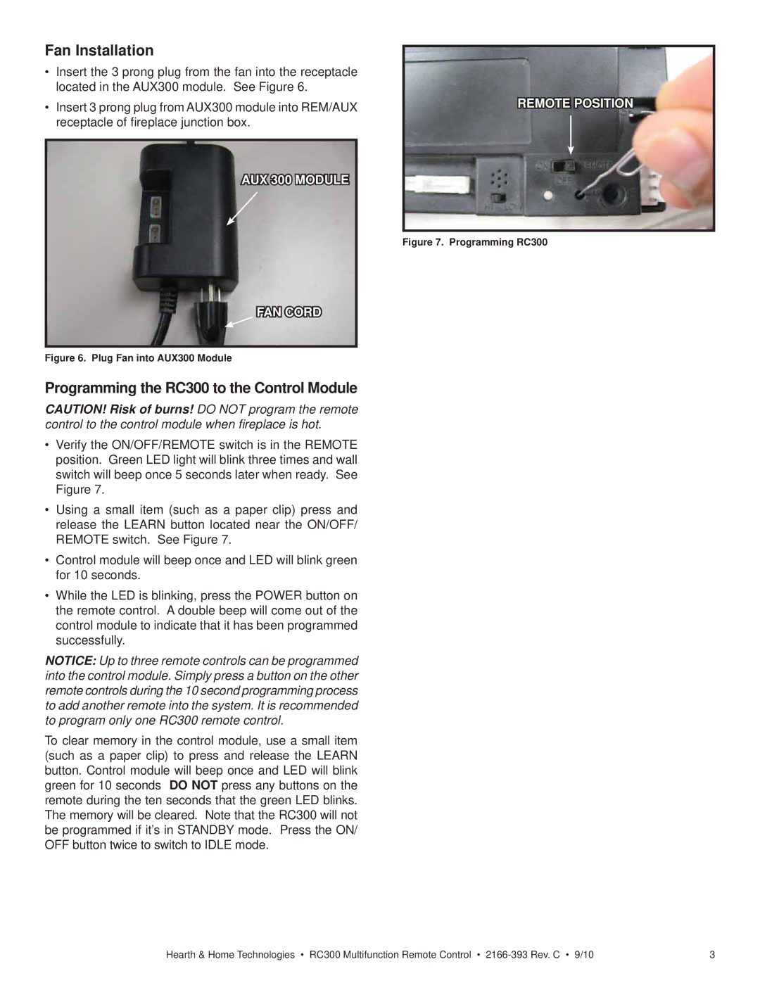 Hearth and Home Technologies operating instructions Fan Installation, Programming the RC300 to the Control Module 