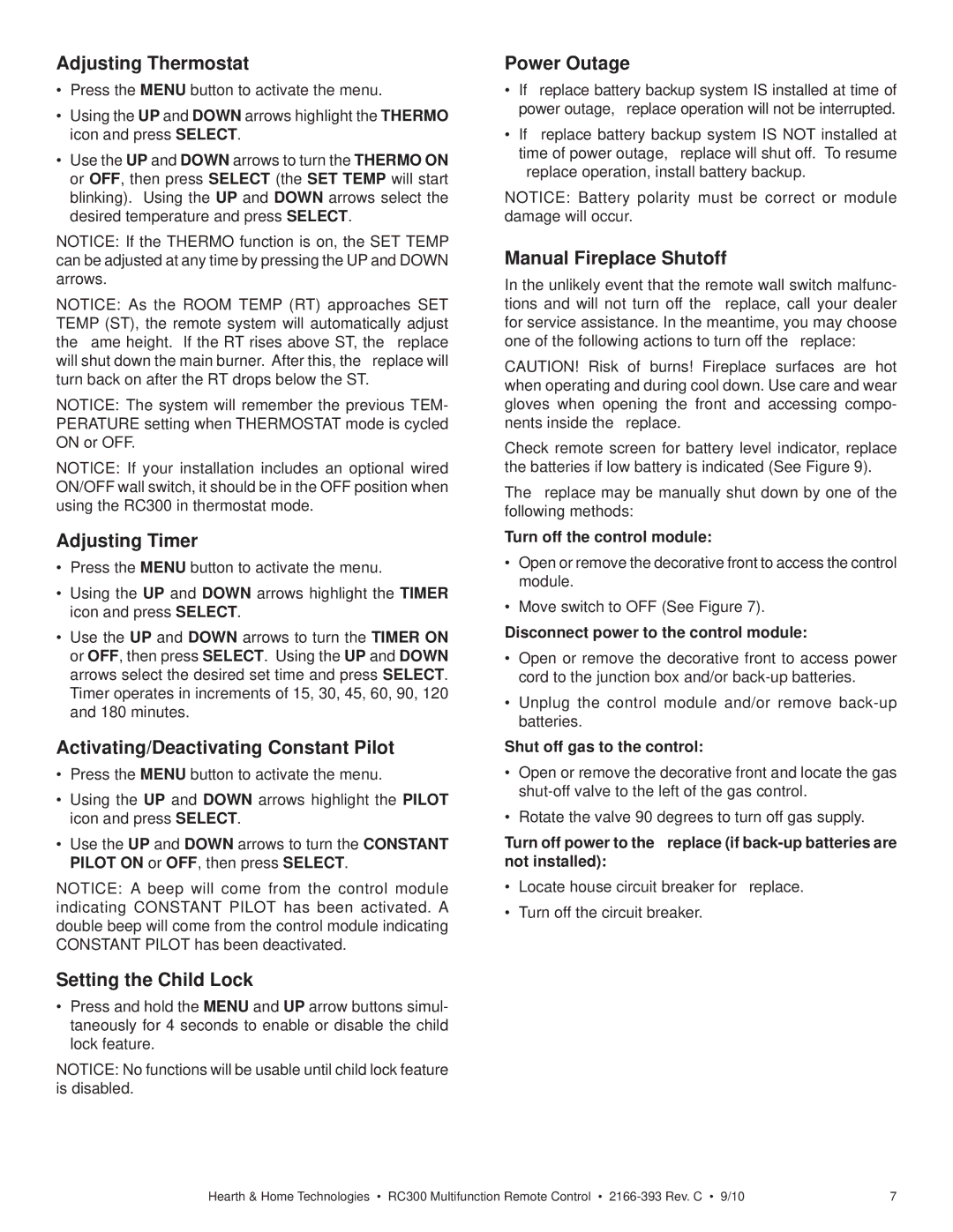 Hearth and Home Technologies RC300 Adjusting Thermostat, Adjusting Timer, Activating/Deactivating Constant Pilot 