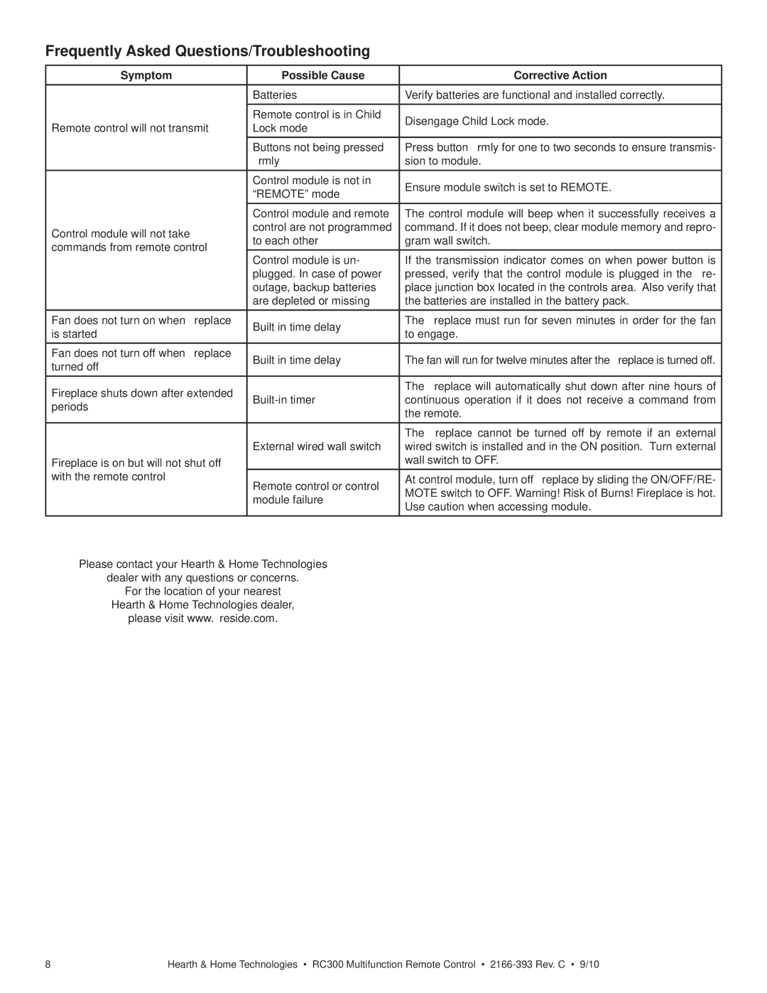 Hearth and Home Technologies RC300 Frequently Asked Questions/Troubleshooting, Symptom Possible Cause Corrective Action 