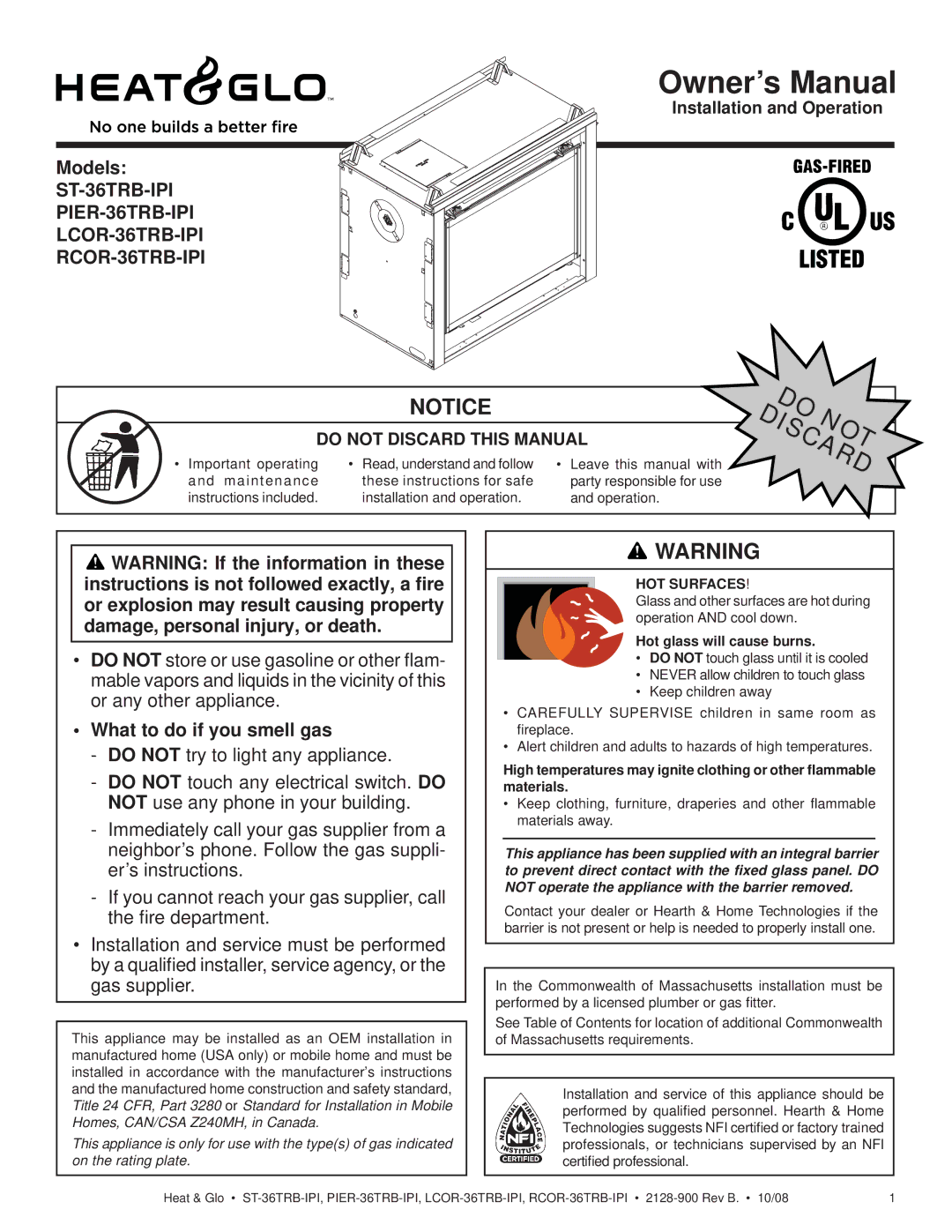 Hearth and Home Technologies LCOR-36TRB-IPI owner manual Models, What to do if you smell gas, Hot glass will cause burns 