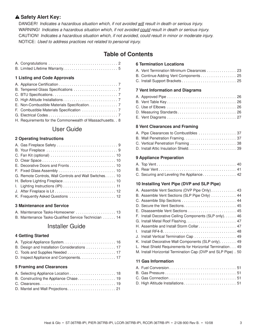 Hearth and Home Technologies ST-36TRB-IPI, RCOR-36TRB-IPI, LCOR-36TRB-IPI, PIER-36TRB-IPI Table of Contents, User Guide 