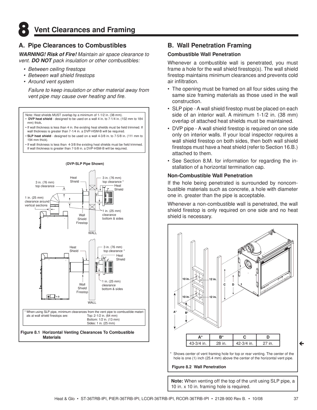 Hearth and Home Technologies LCOR-36TRB-IPI, RCOR-36TRB-IPI Vent Clearances and Framing, Pipe Clearances to Combustibles 