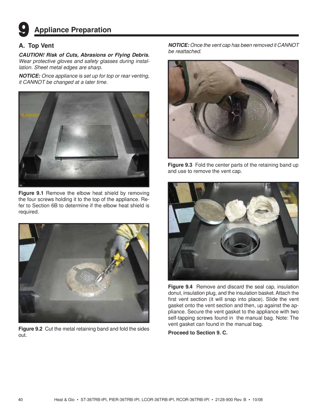 Hearth and Home Technologies RCOR-36TRB-IPI, LCOR-36TRB-IPI, PIER-36TRB-IPI Appliance Preparation, Top Vent, Proceed to . C 