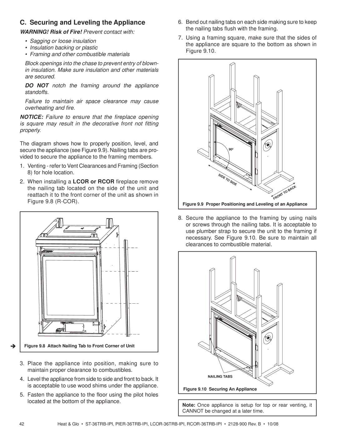 Hearth and Home Technologies PIER-36TRB-IPI, RCOR-36TRB-IPI, LCOR-36TRB-IPI owner manual Securing and Leveling the Appliance 