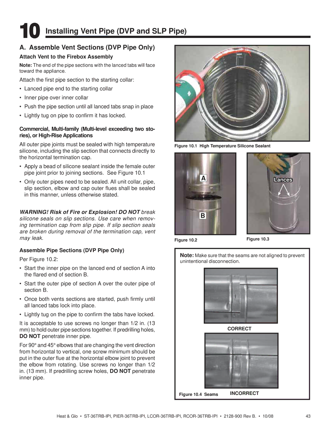 Hearth and Home Technologies ST-36TRB-IPI Installing Vent Pipe DVP and SLP Pipe, Assemble Vent Sections DVP Pipe Only 