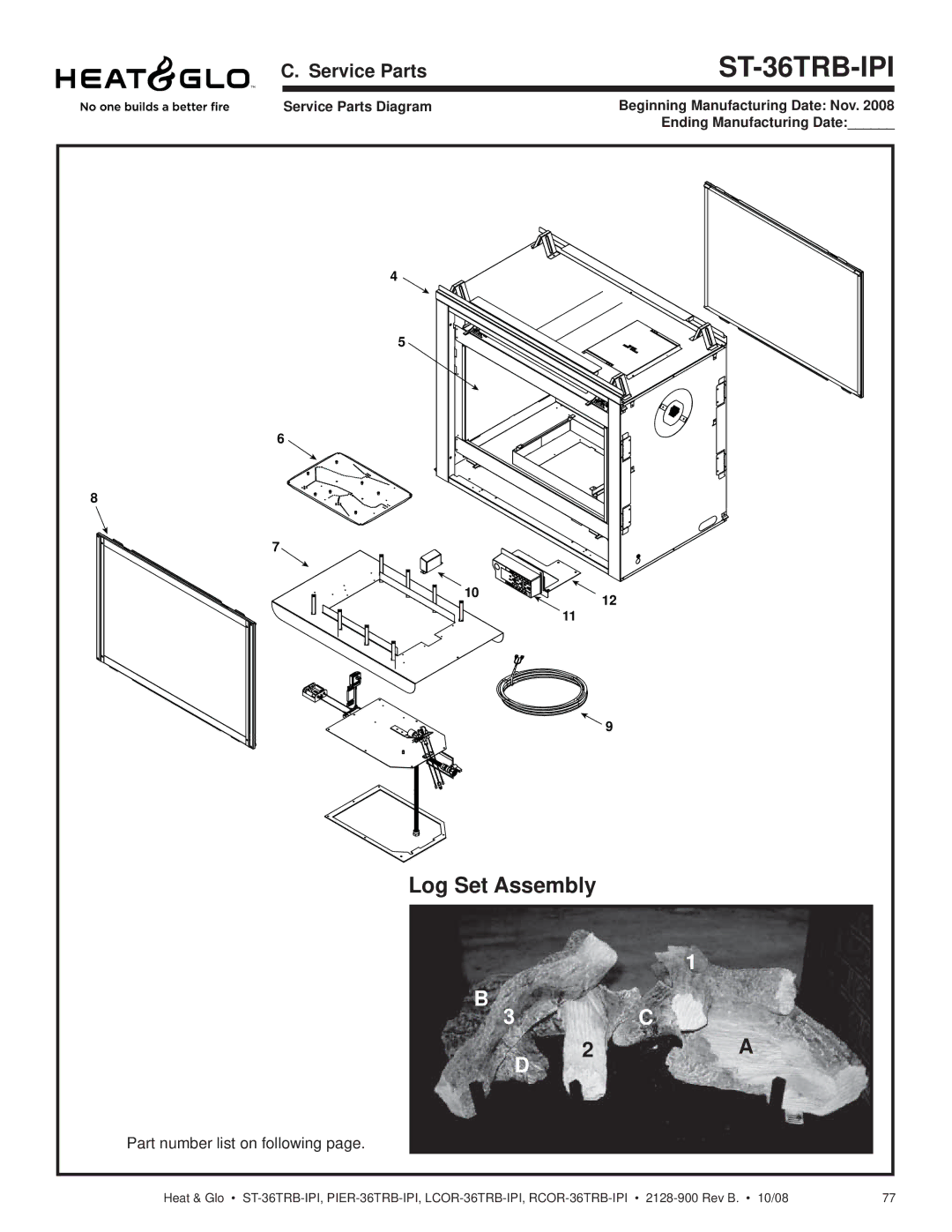 Hearth and Home Technologies LCOR-36TRB-IPI, RCOR-36TRB-IPI, PIER-36TRB-IPI, ST-36TRB-IPI Log Set Assembly, Service Parts 