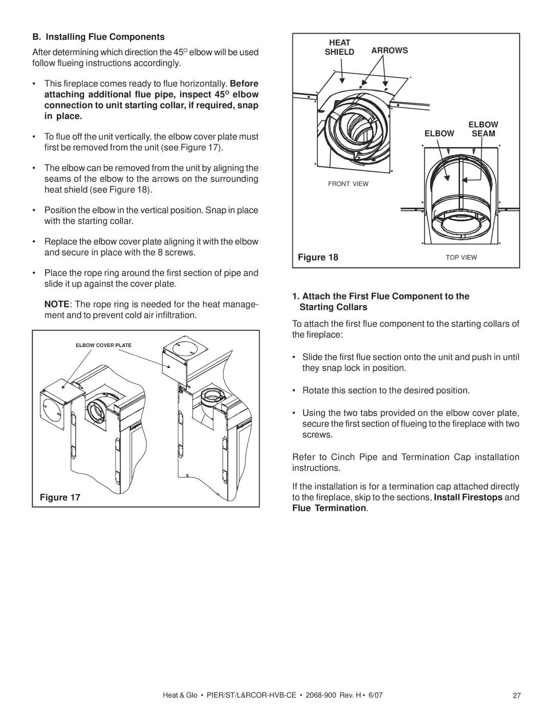 Hearth and Home Technologies ST-HVB-CE Installing Flue Components, Attach the First Flue Component to the Starting Collars 