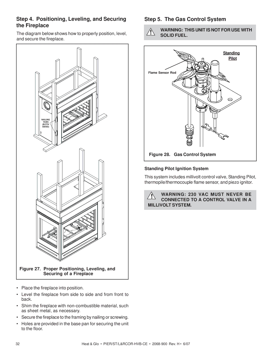 Hearth and Home Technologies RCOR-HVB-CE, ST-HVB-CE Positioning, Leveling, and Securing the Fireplace, Gas Control System 