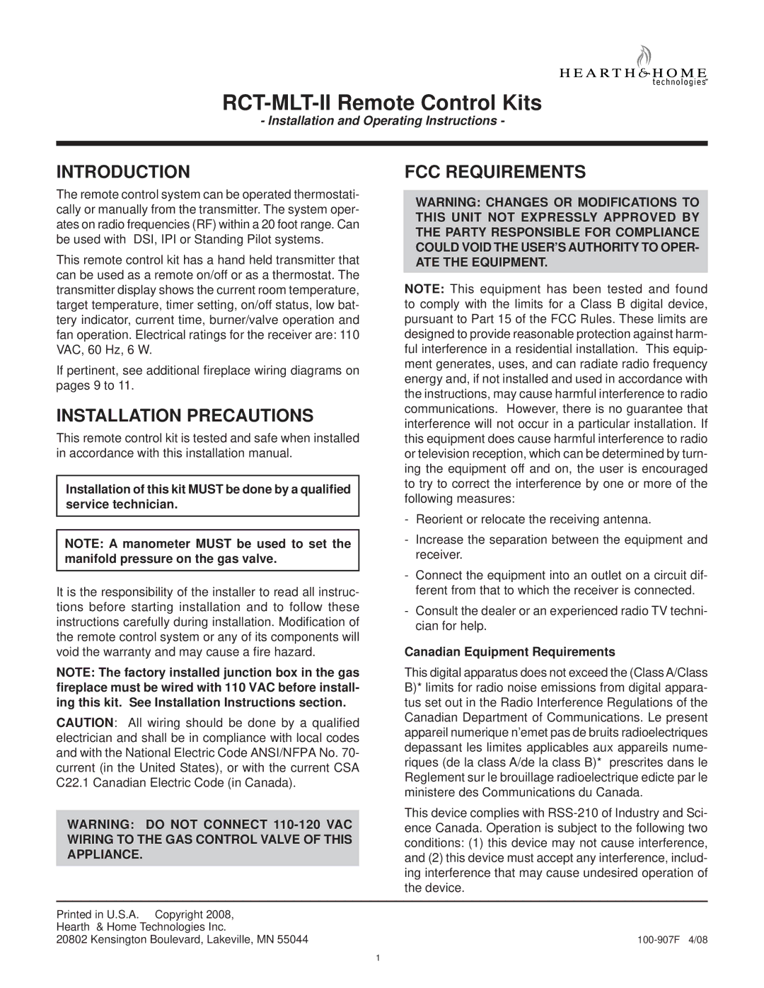 Hearth and Home Technologies RCT-MLT-II operating instructions Introduction, Installation Precautions 