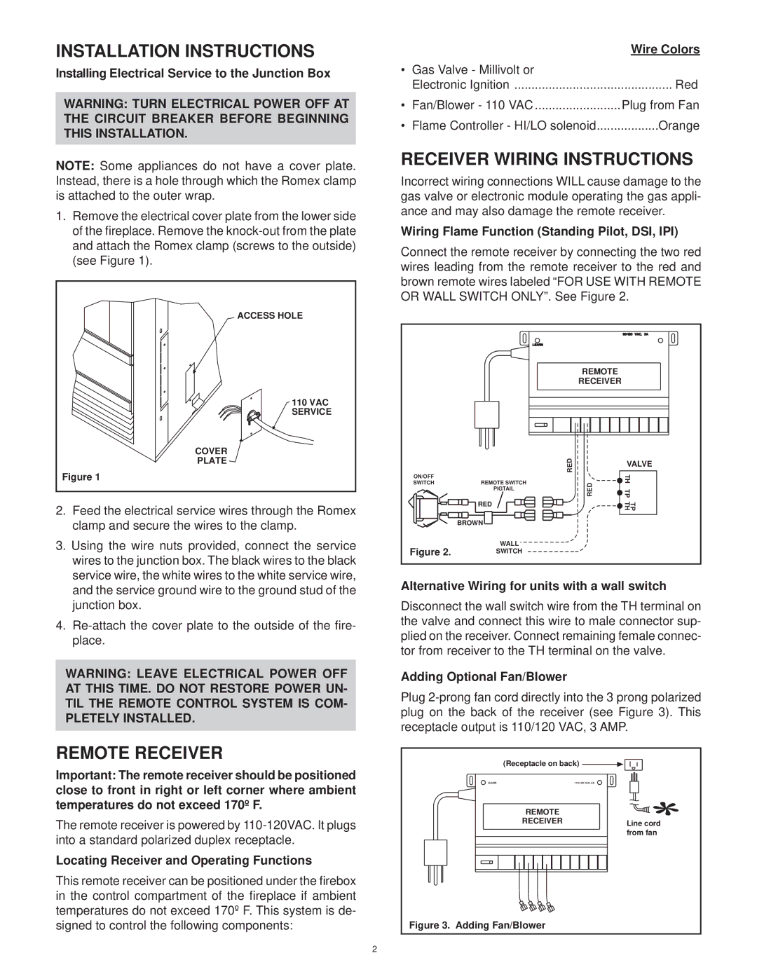 Hearth and Home Technologies RCT-MLT-II Installation Instructions, Remote Receiver, Receiver Wiring Instructions 